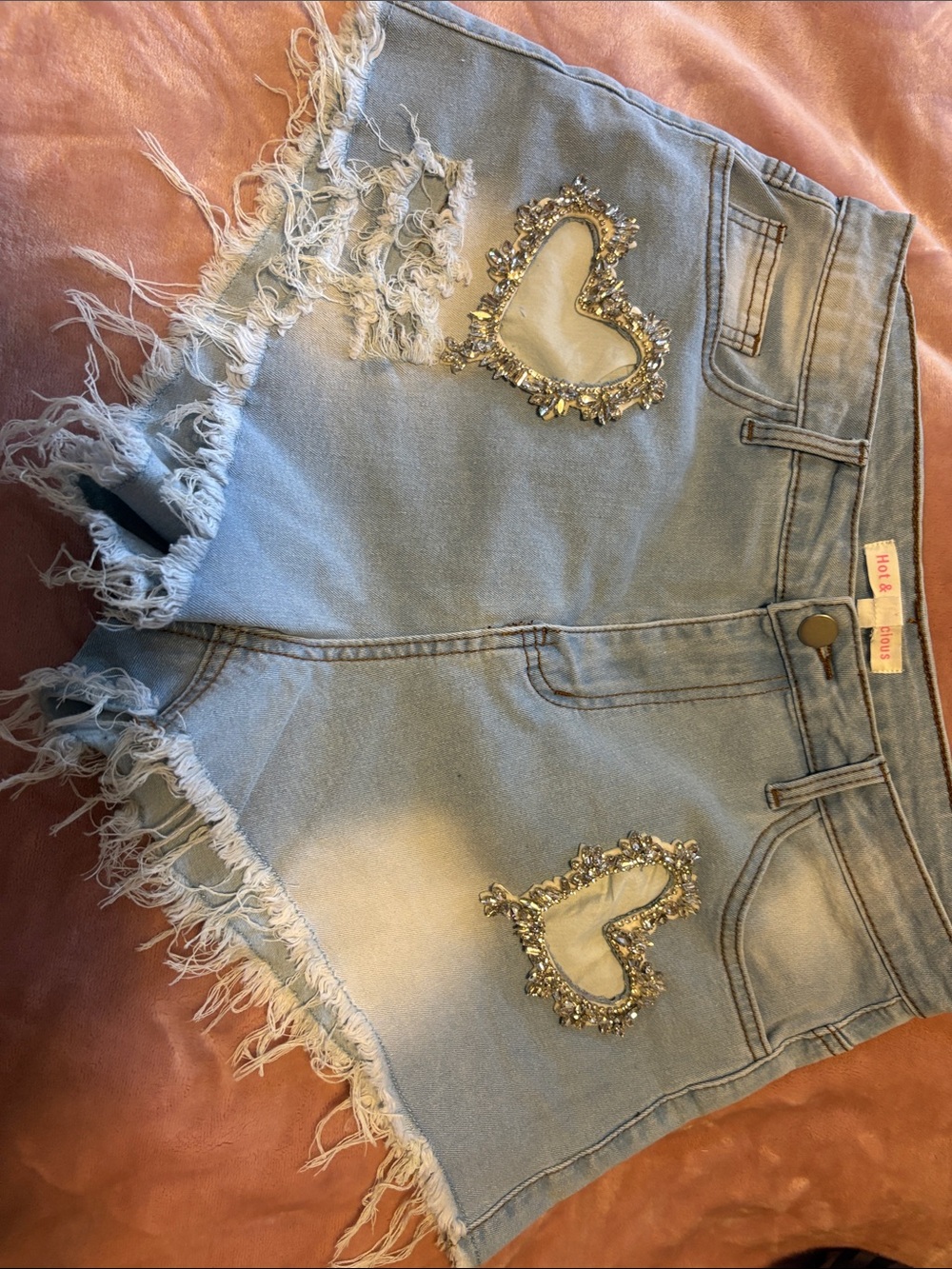 Light Blue Embellished Heart Frayed Hem Denim Shorts
